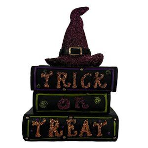 Halloween Decor Witch Hat On Stacked Books "Trick Or Treat" Glitter Faux Books